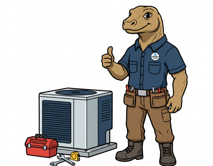 Komodo HVAC technician mascot giving thumbs up after completing an HVAC installation